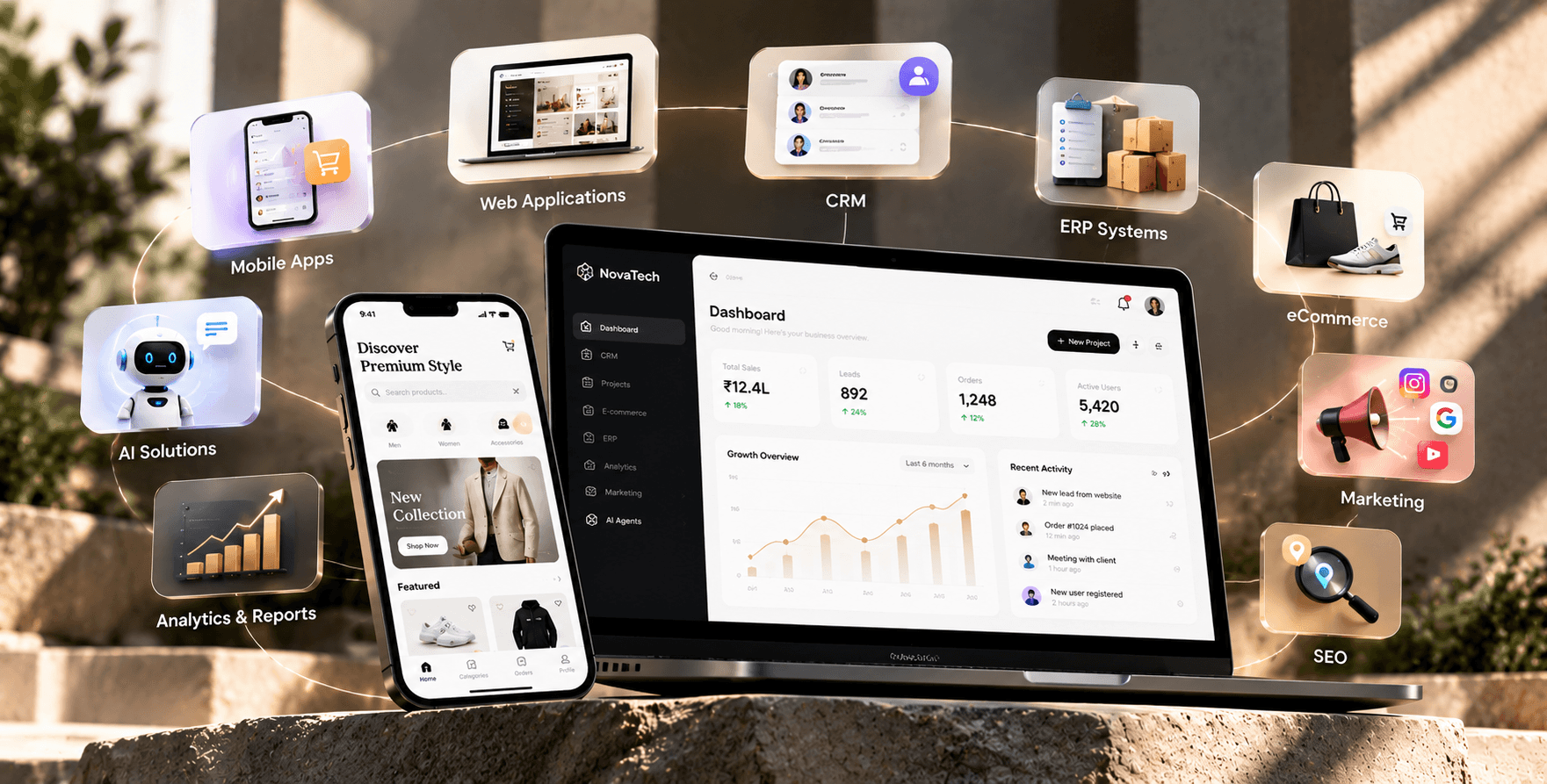 NovaTech digital ecosystem: dashboard on a laptop, shopping app on a phone, and services around them